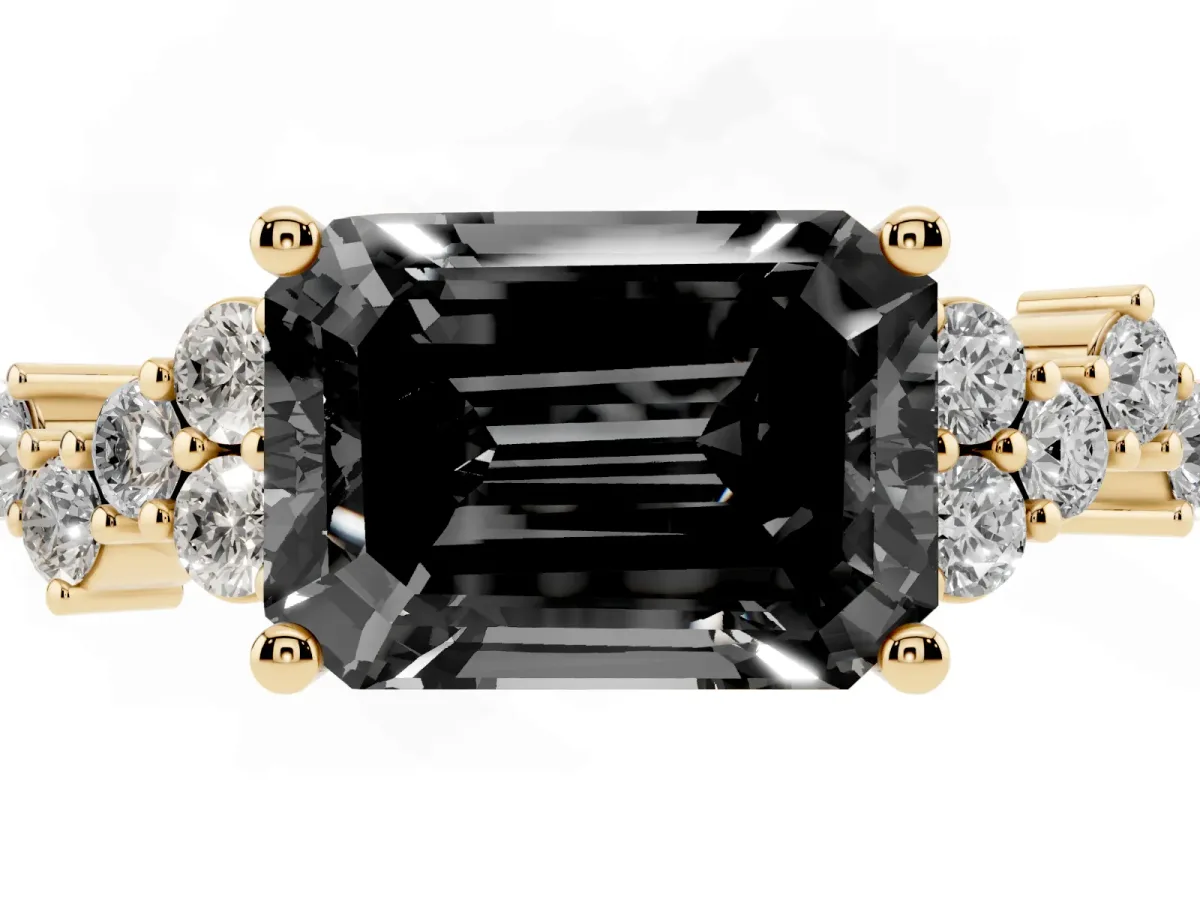 Fancy Black Emerald Cut Diamond Scattered Round Accent Ring with Prong Setting Yellow gold
