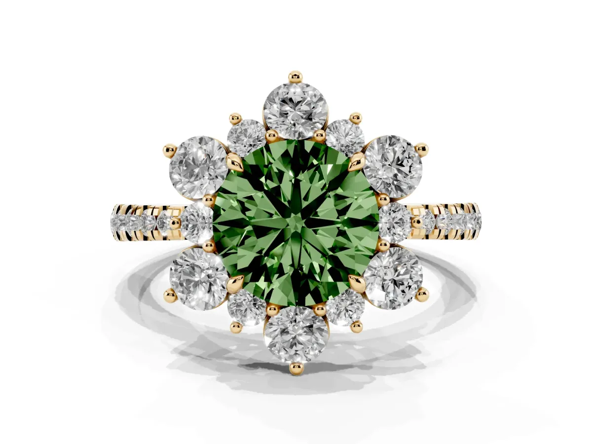 Fancy Green Round Cut Diamond Floral Halo Ring with Round Pavé Band and Prong Setting Yellow gold