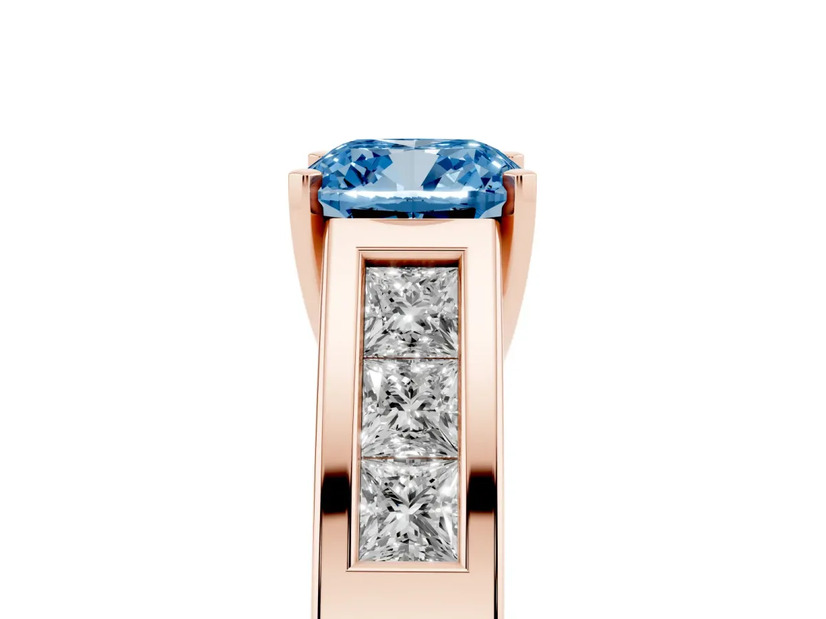 Fancy Blue Cushion Cut Cut Channel Set Solitaire Ring with Four-Prong Setting Rose gold
