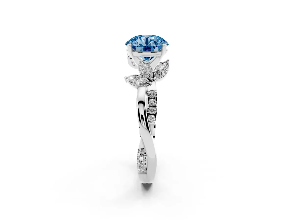 Fancy Blue Round Cut Diamond Floral Vine Solitaire Engagement Ring Platinum