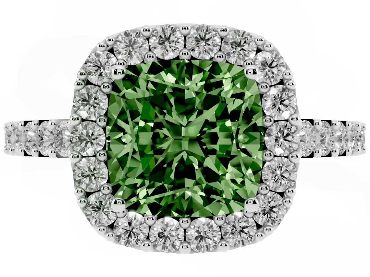 Fancy Green Cushion Cut Halo Diamond Pavé Solitaire Ring Platinum