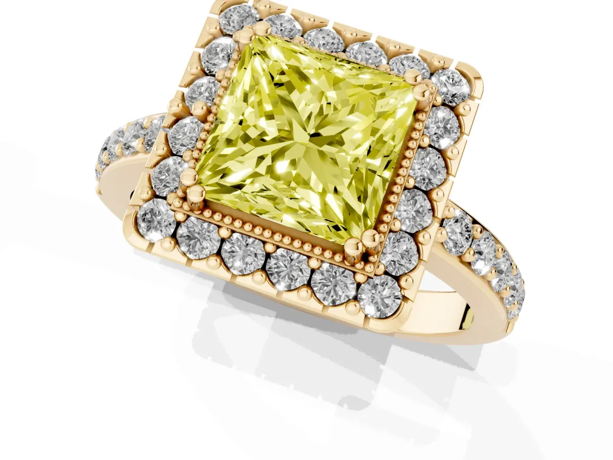Fancy Yellow Princess Cut Diamond Halo Ring with Pavé Band and Prong Setting Yellow gold