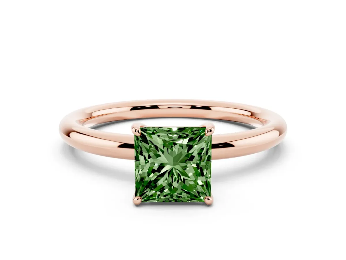 Fancy Green Princess Cut Solitaire Diamond Ring with Four-Prong Setting on a Plain Band Rose gold