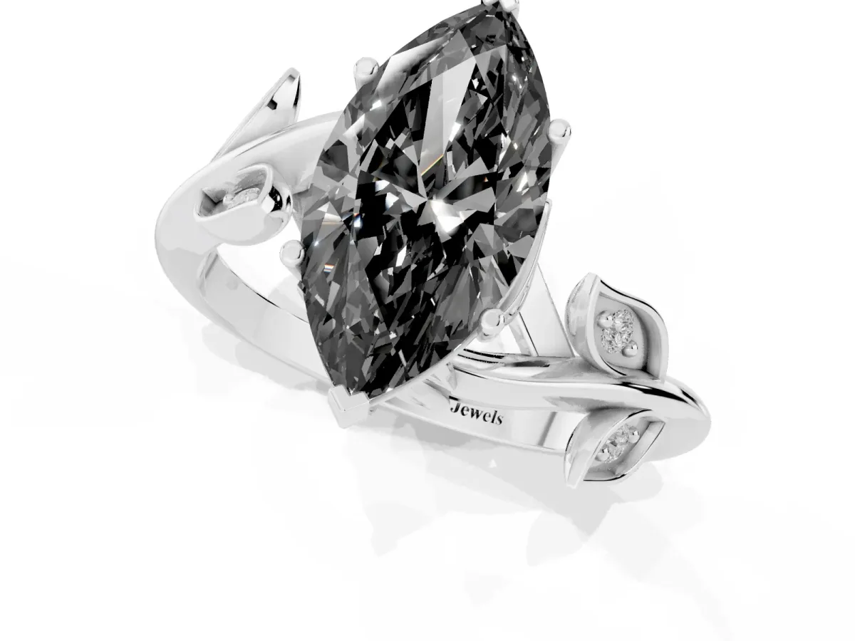 Fancy Black Marquise Cut Solitaire Twist Engagement Ring with Leaf Accents and Prong Setting Platinum