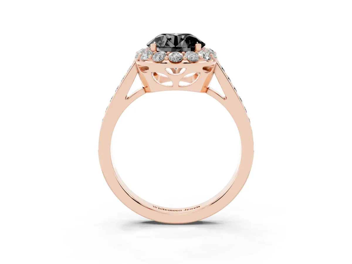 Fancy Black Round Cut Diamond Floral Halo Ring with Pavé Band and Prong Setting Rose gold
