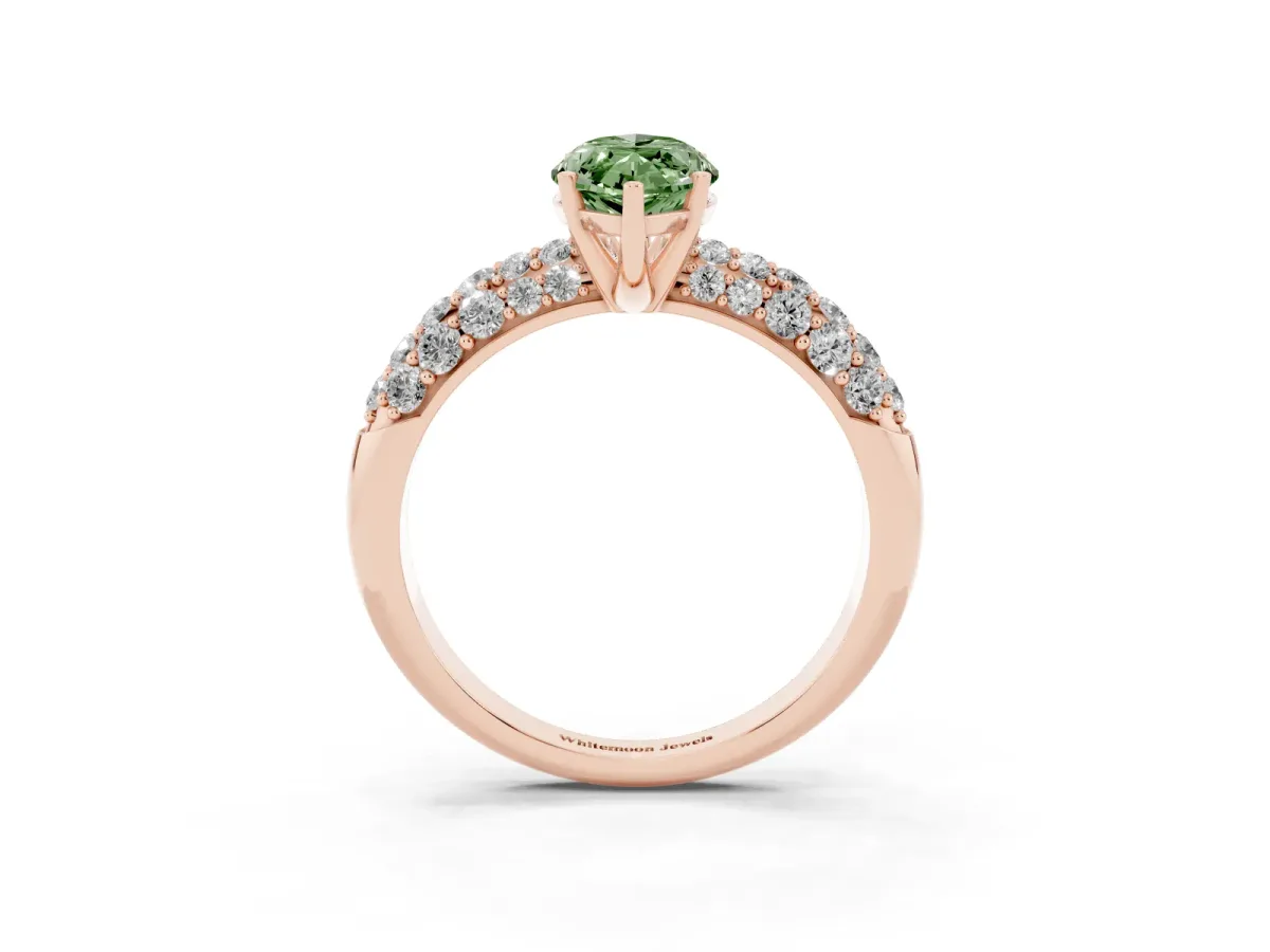 Fancy Green Marquise Cut Diamond Pavé Band Solitaire Ring with Four-Prong Setting Rose gold