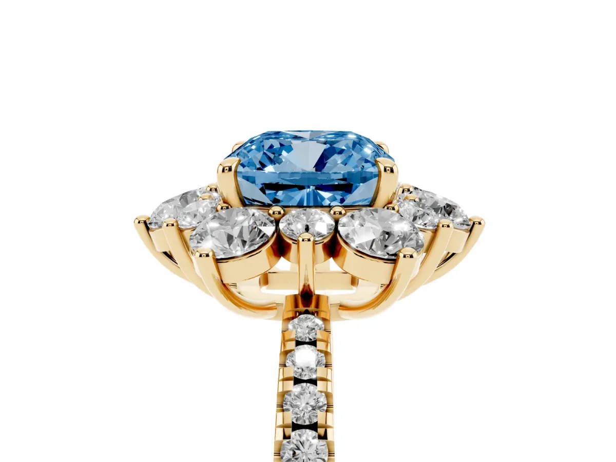 Fancy Blue Cushion Cut Diamond Floral Halo Ring with Round Pavé Band and Prong Setting Yellow gold