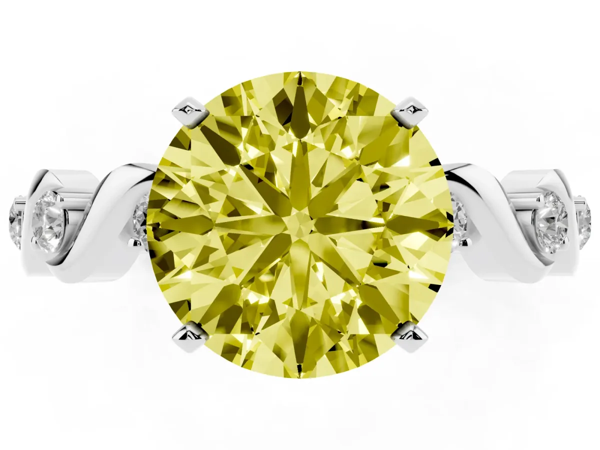 Fancy Yellow Round Cut Diamond Solitaire Twisted Band with Round Accents and Prong Setting Silver