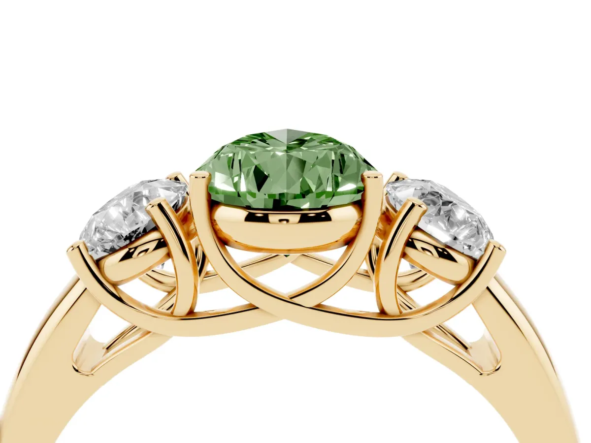 Fancy Green Three-Stone Pear Cut Diamond Engagement Ring with Prong Setting Yellow gold