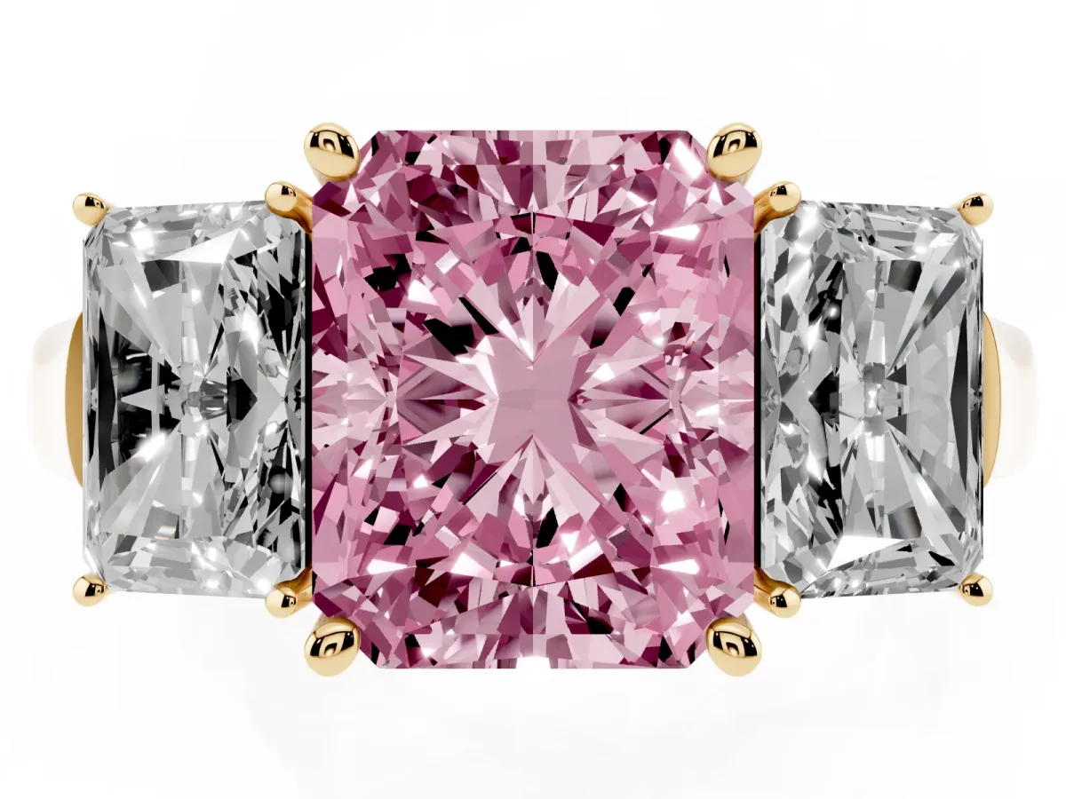 Fancy Pink Three-Stone Radiant Cut Brilliant Diamond Trellis Ring with Comfort Fit Band Yellow gold