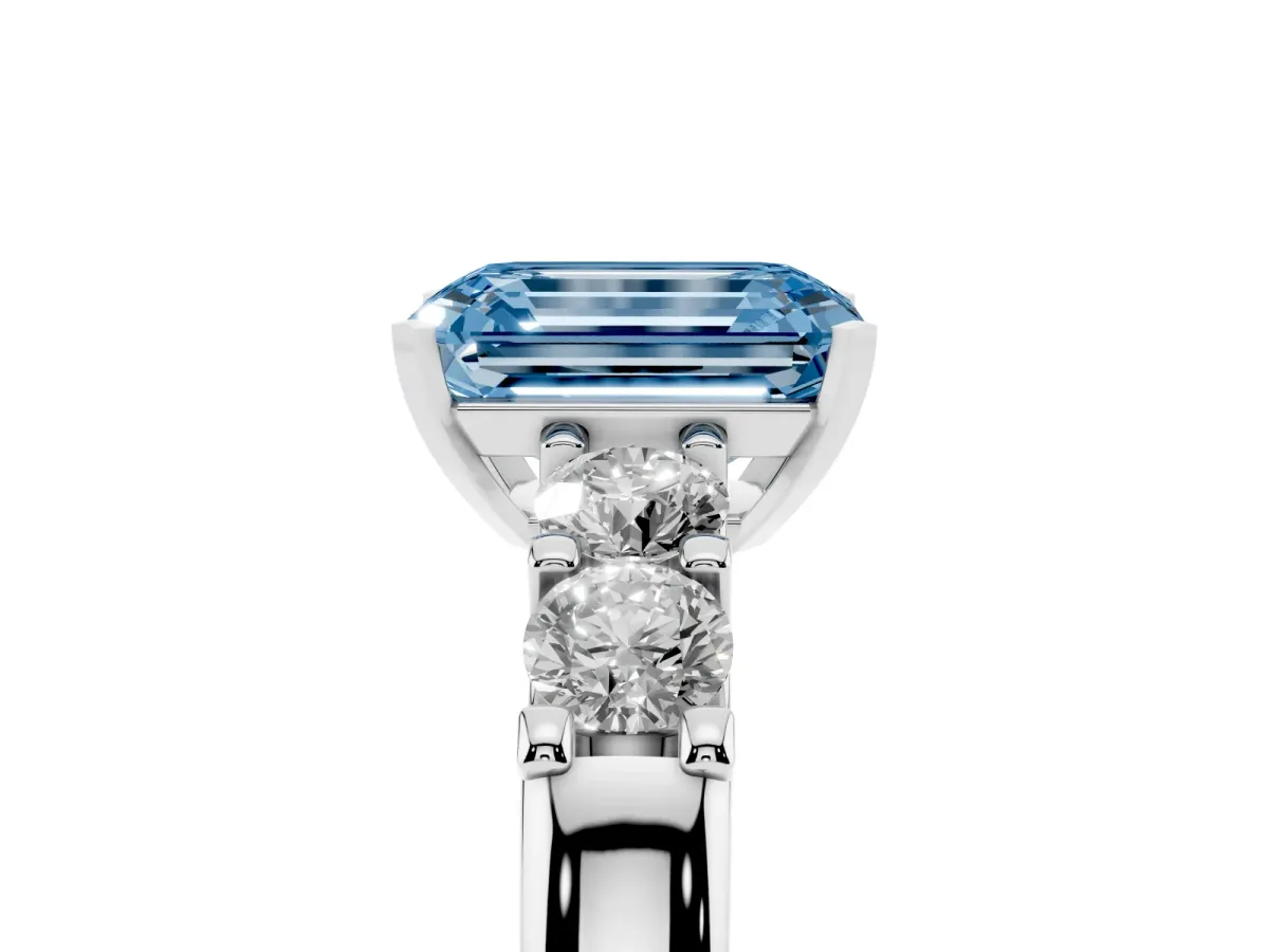 Fancy Blue Emerald Cut Brilliant Cut Diamond Five-Stone Prong Set Engagement Ring with Channel Band Silver
