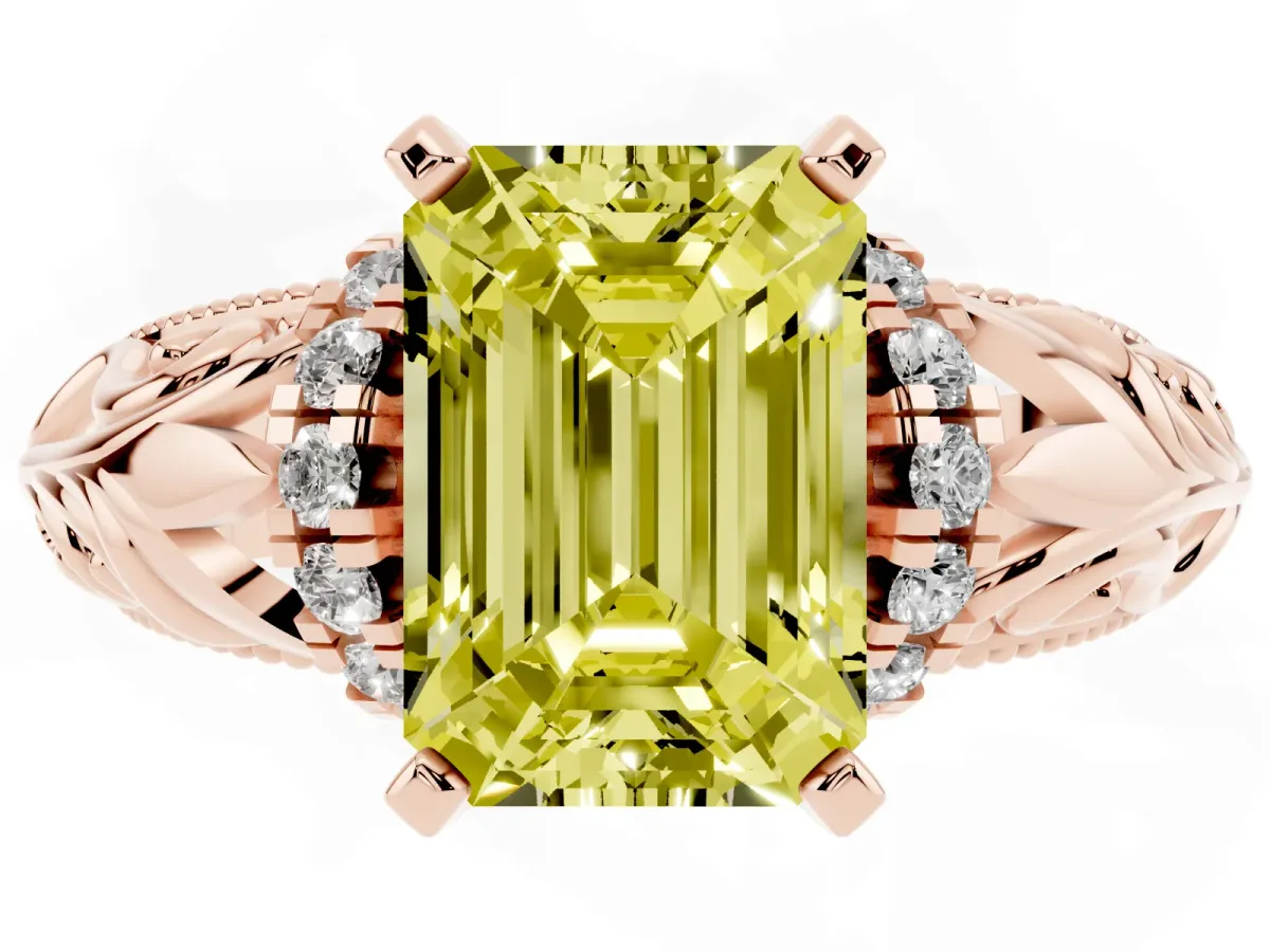 Fancy Yellow Emerald Cut Solitaire Filigree Engagement Ring with Halo and Prong Setting Rose gold