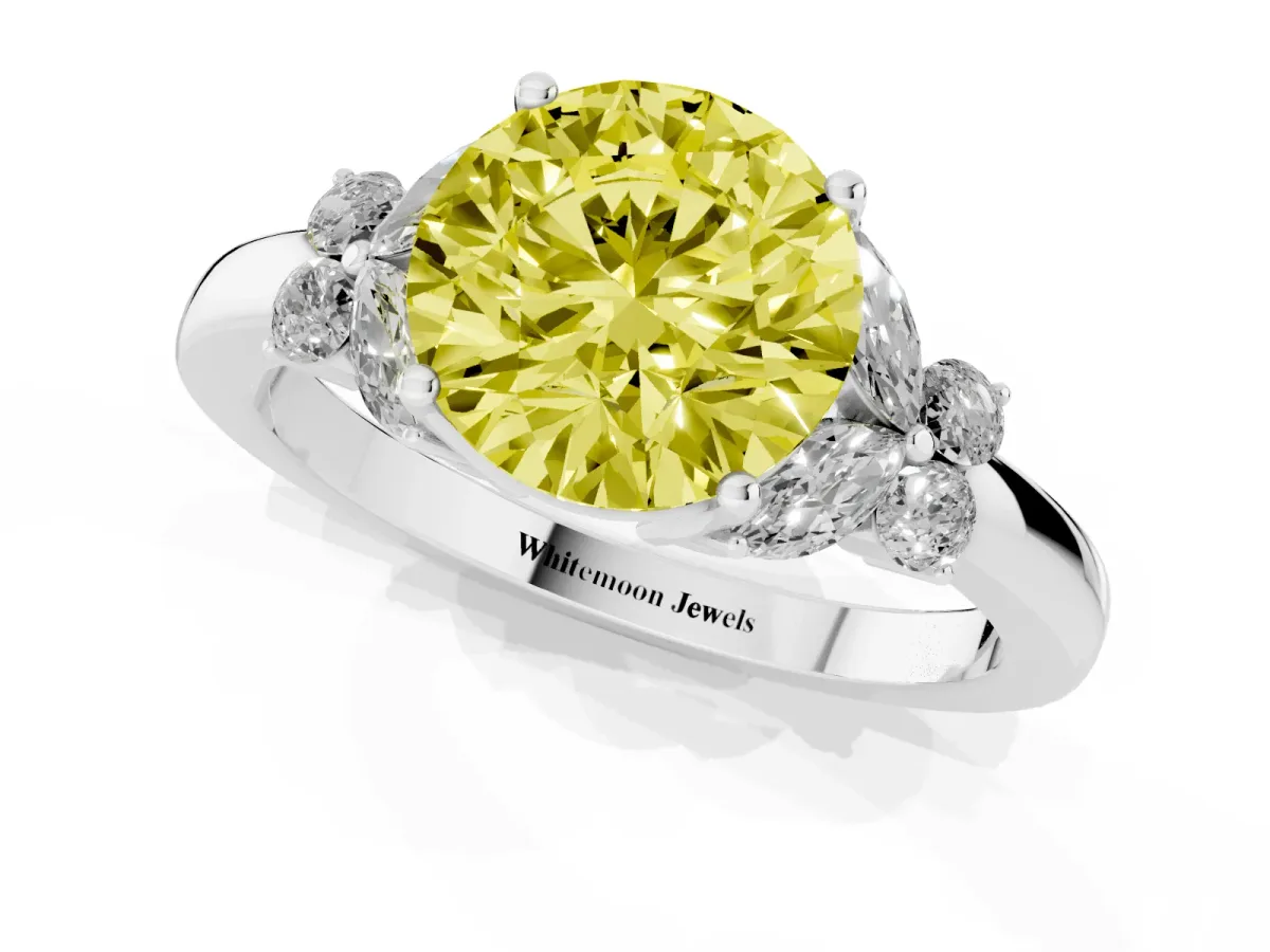 Fancy Yellow Round Cut Cut Solitaire Floral Diamond Ring with Four-Prong Setting Silver