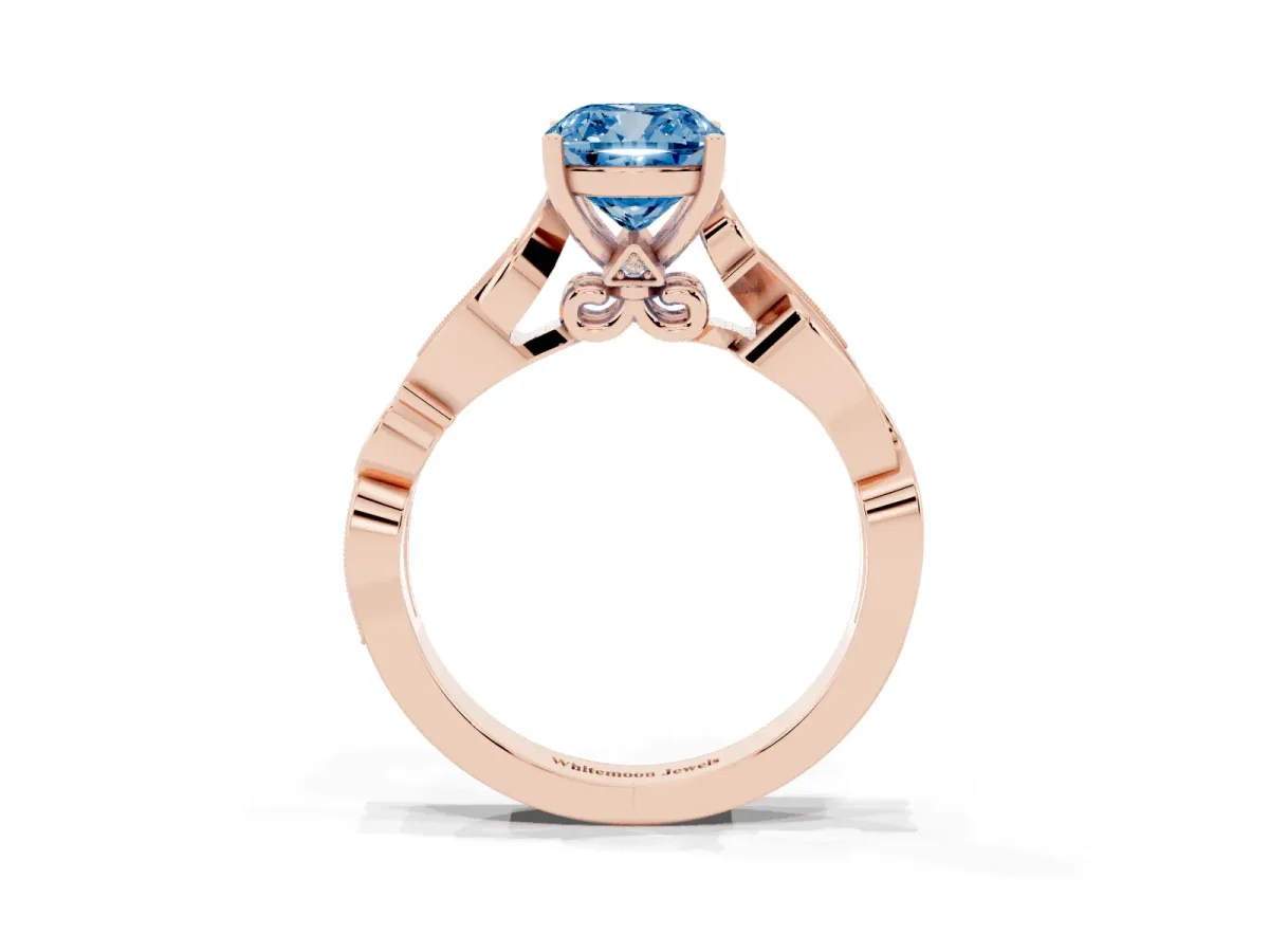 Fancy Blue Cushion Cut Solitaire Vine Band with Milgrain Prong Setting Rose gold