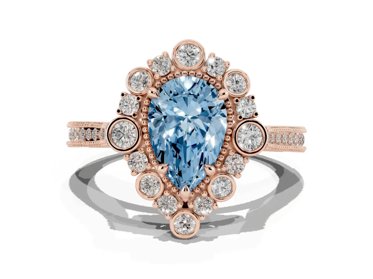 Fancy Blue Pear Cut Halo Milgrain Pave Diamond Ring with Four-Prong Setting Rose gold
