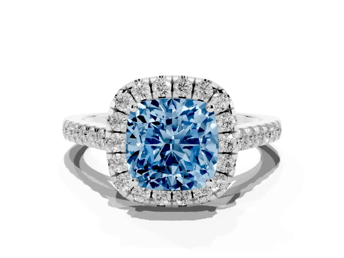 Fancy Blue Cushion Cut Halo Pave Diamond Engagement Ring with Four-Prong Setting Silver
