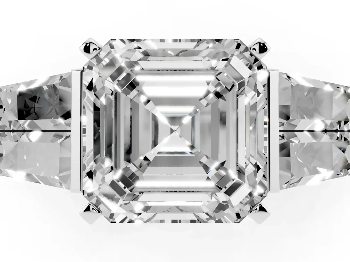 Asscher Cut Diamond Engagement Ring with Baguette Side Stones and Channel Set Band Platinum