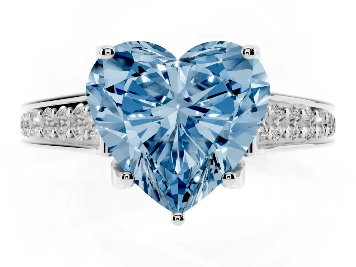 Fancy Blue Heart Cut Brilliant Cut Diamond Engagement Ring with Pavé Band and Four-Prong Setting Silver