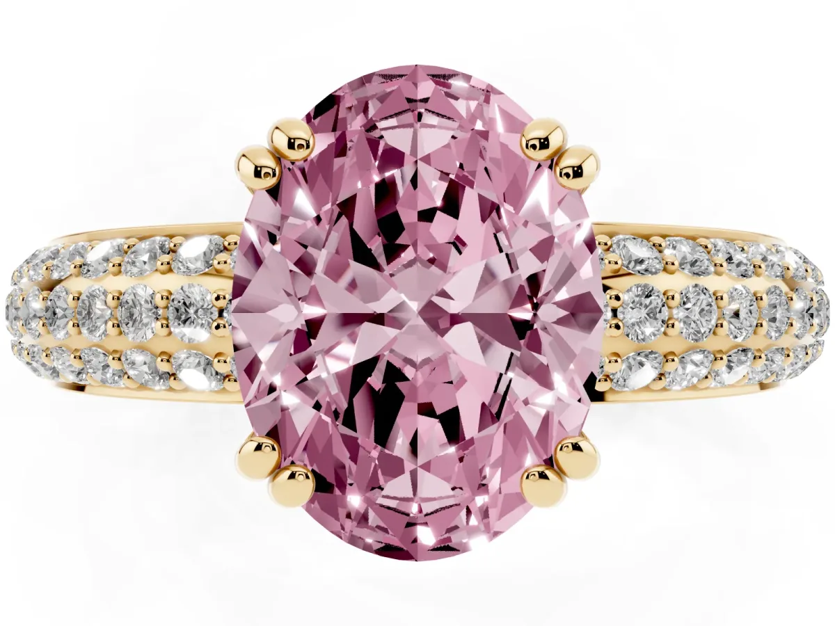 Fancy Pink Oval Cut Diamond Solitaire Ring with Multi-Row Round Pavé Band and Prong Setting Yellow gold