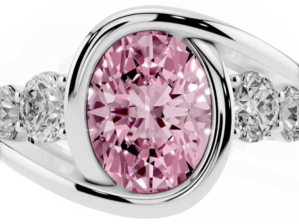 Fancy Pink Bezel Set Oval Cut Diamond Bypass Ring with Round Accents Silver