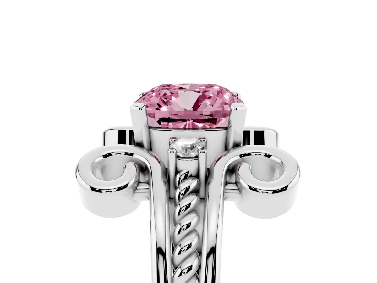 Fancy Pink Cushion Cut Solitaire Twisted Band Scroll Prong Ring Platinum