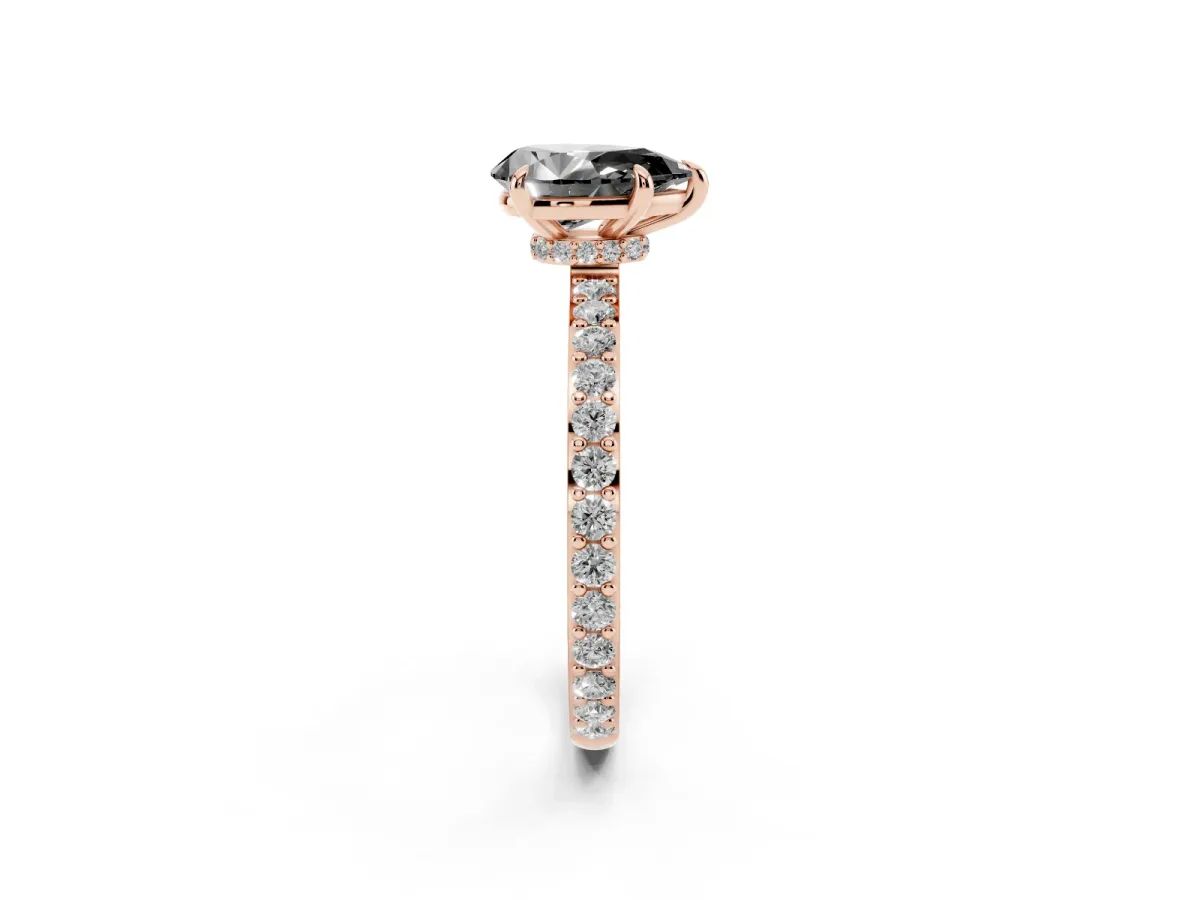 Fancy Black Pear Cut Diamond Pavé Engagement Ring with Round Accents and Prong Setting Rose gold