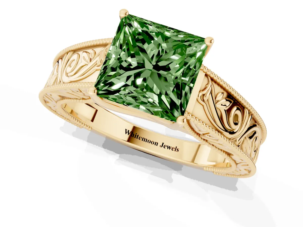 Fancy Green Princess Cut Diamond Solitaire Ring with Engraved Band and Four-Prong Setting Yellow gold
