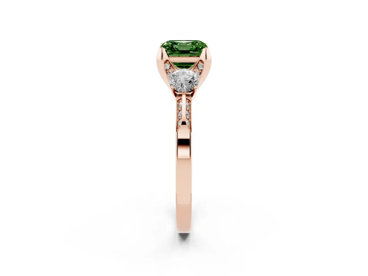 Fancy Green Asscher Cut Brilliant Three-Stone Diamond Ring with Pavé Band and Four-Prong Setting Rose gold