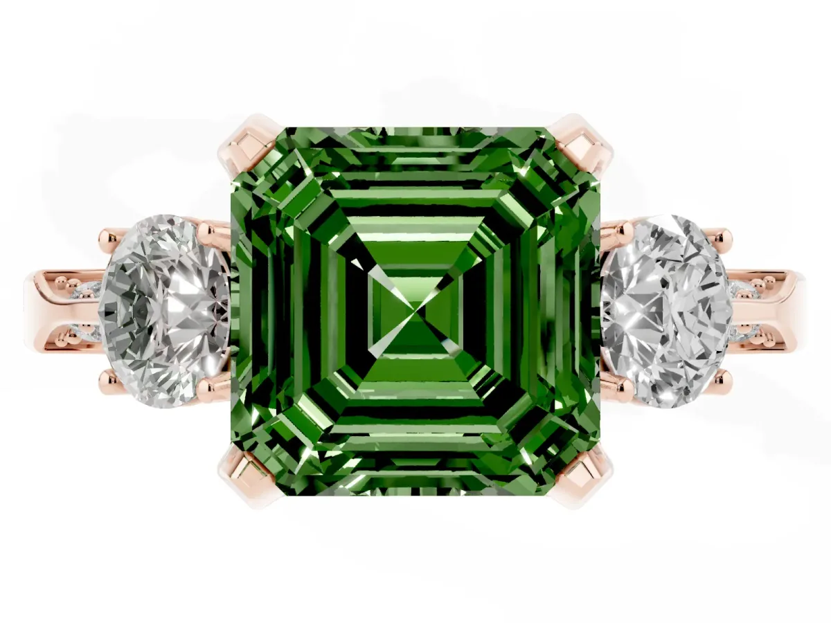 Fancy Green Asscher Cut Brilliant Three-Stone Diamond Ring with Pavé Band and Four-Prong Setting Rose gold