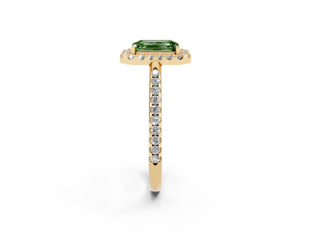 Fancy Green Emerald Cut Diamond Pavé Halo Ring with Four-Prong Setting Yellow gold