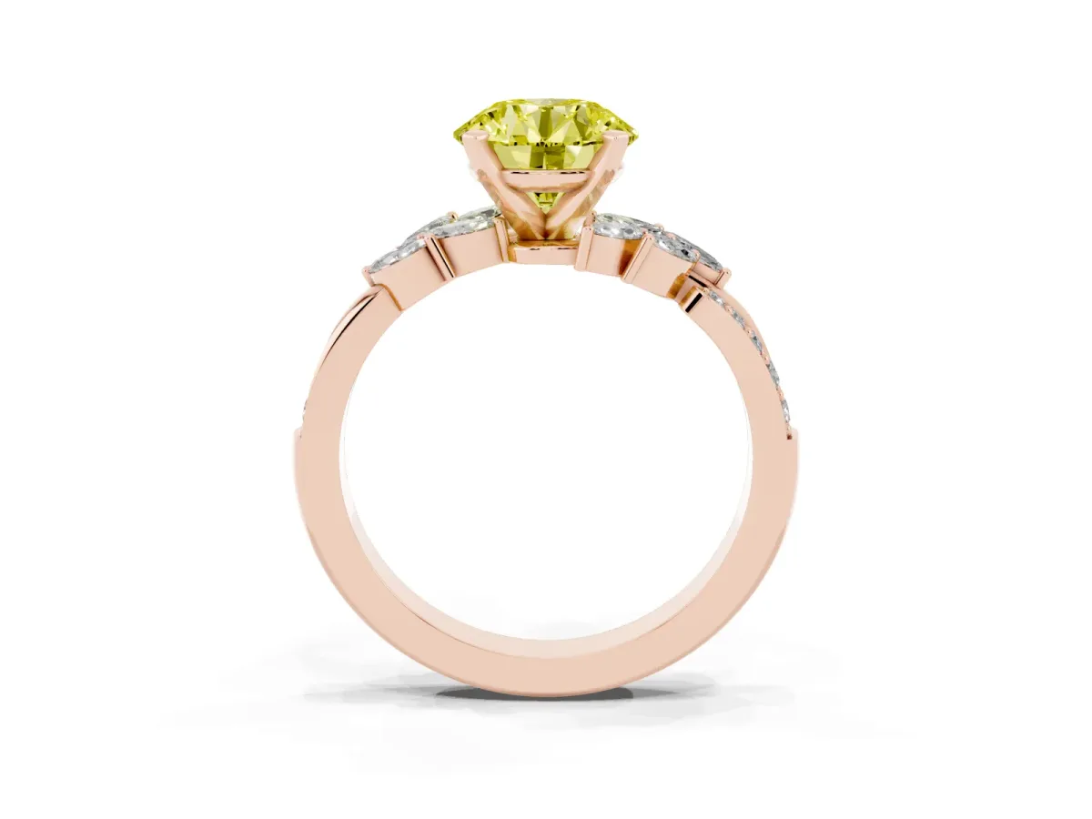 Fancy Yellow Round Cut Solitaire Marquise Twist Band with Six-Prong Setting Rose gold