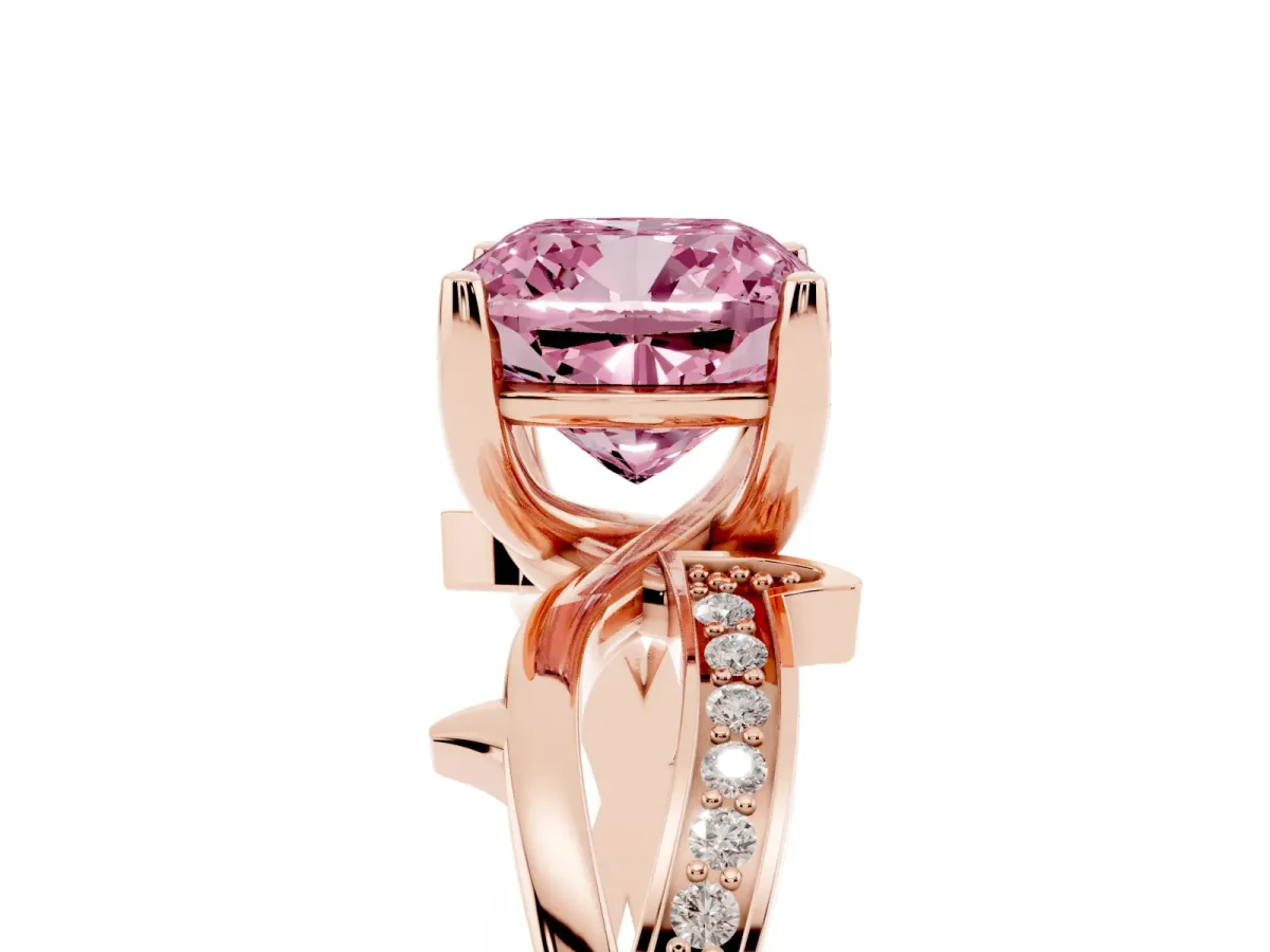 Fancy Pink Cushion Cut Solitaire Twist Band with Pavé Accents and Four-Prong Setting Rose gold