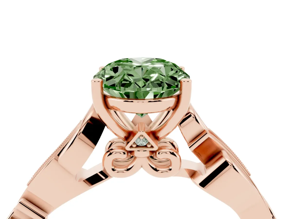 Fancy Green Oval Cut Solitaire Vine Band with Milgrain Prong Setting Rose gold