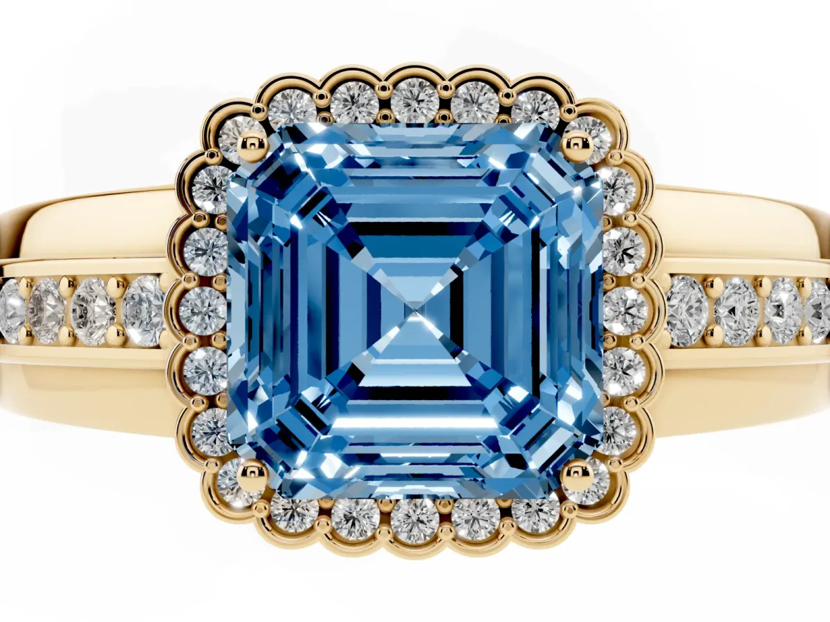 Fancy Blue Asscher Cut Cut Halo Pave Band Four-Prong Ring Yellow gold