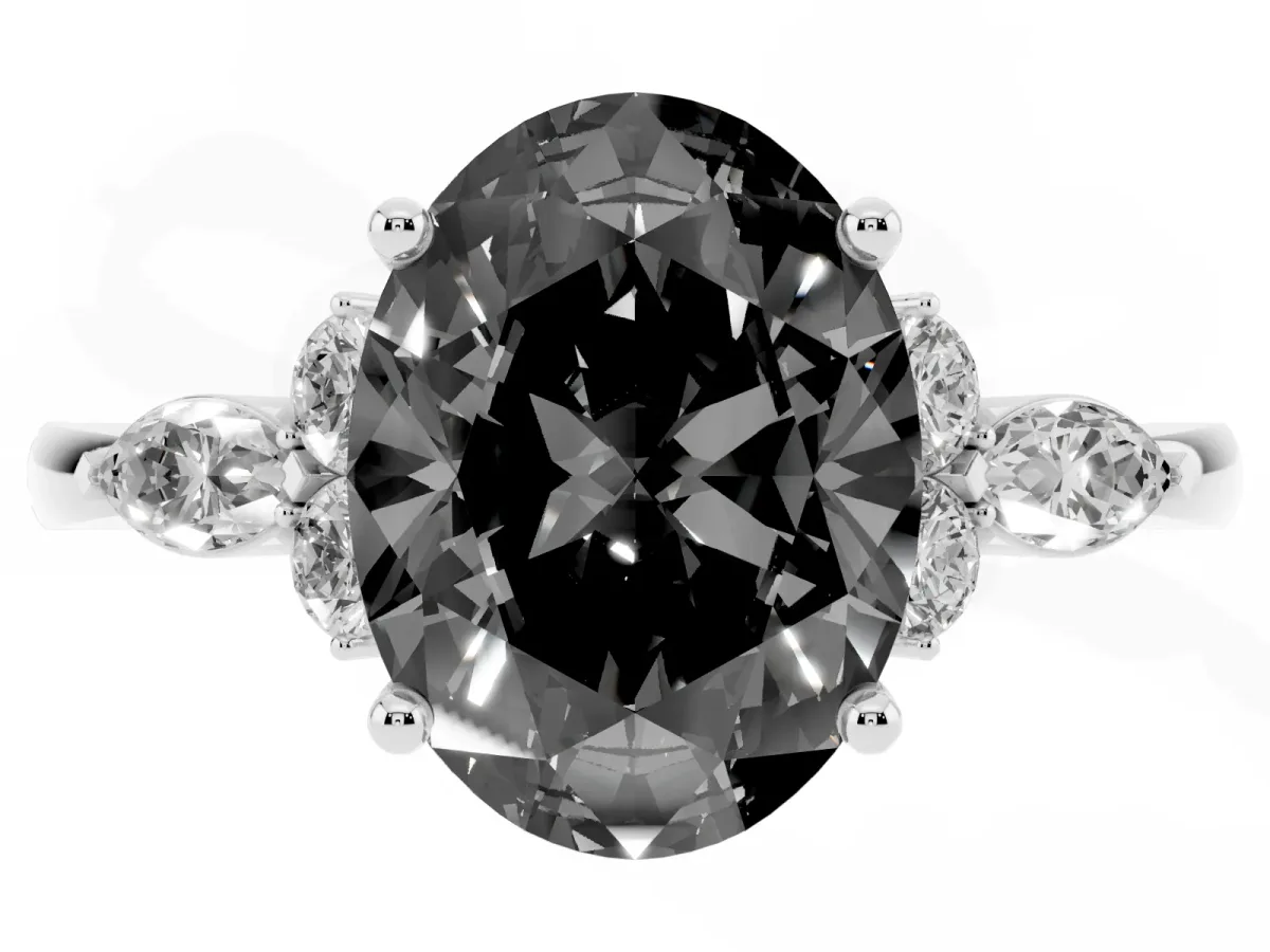 Fancy Black Oval Cut Brilliant Diamond Solitaire Ring with Pear Side Stones and Four-Prong Setting Silver