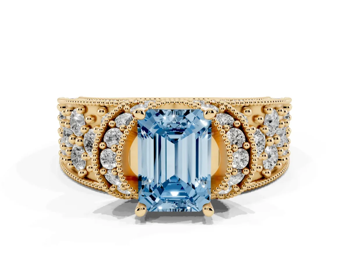 Fancy Blue Emerald Cut Halo Pave Diamond Engagement Ring with Milgrain Detailing Yellow gold