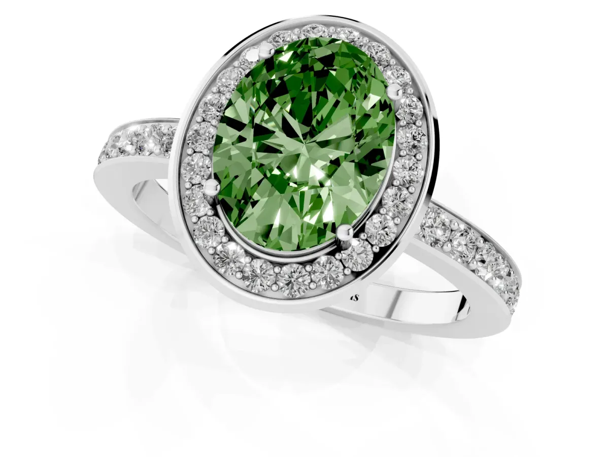 Fancy Green Oval Cut Diamond Halo Ring with Bezel Frame and Pavé Band Silver