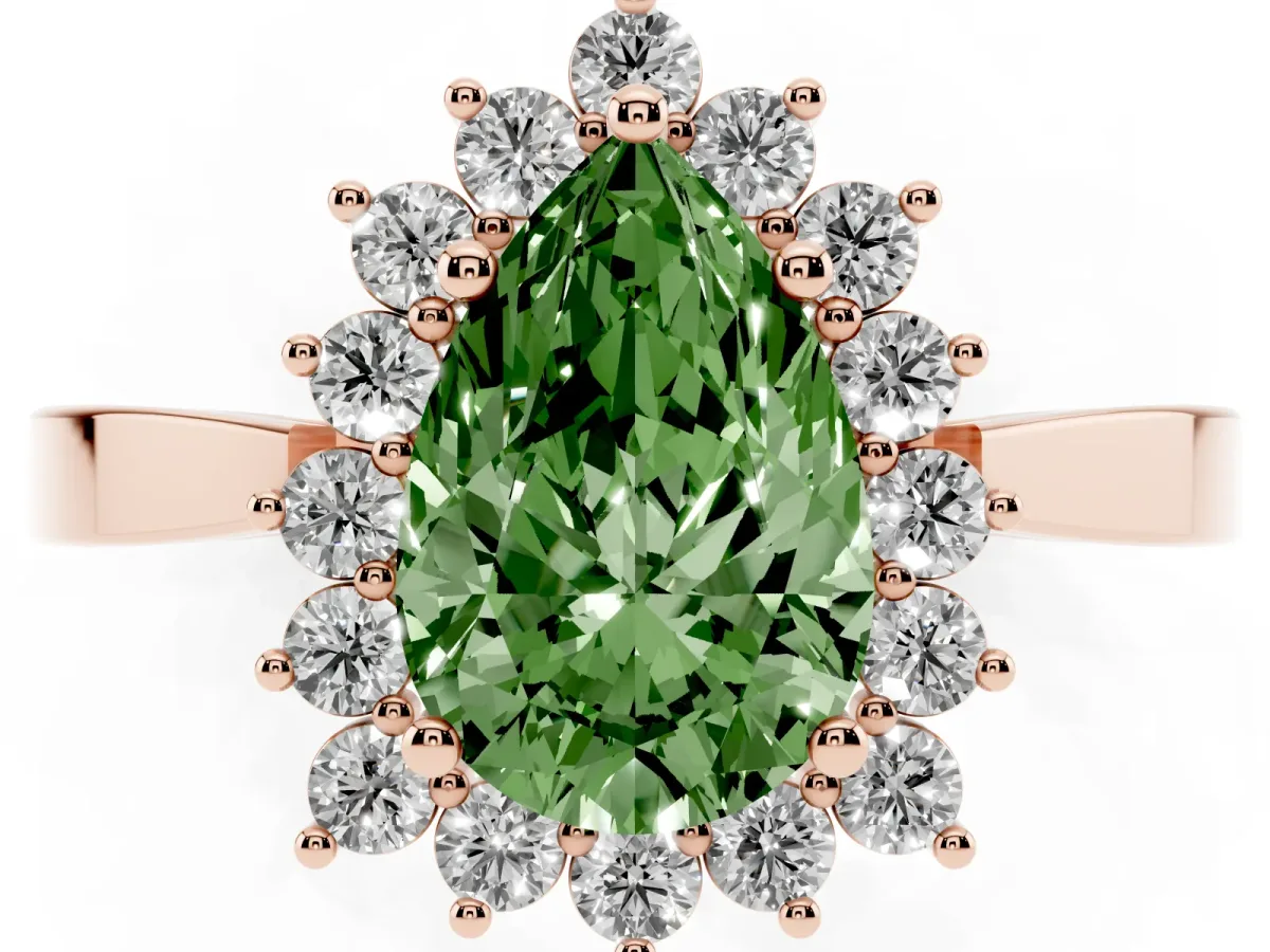 Fancy Green Pear Cut Cut Diamond Halo Ring with Round Brilliant Halo and Solitaire Band Rose gold