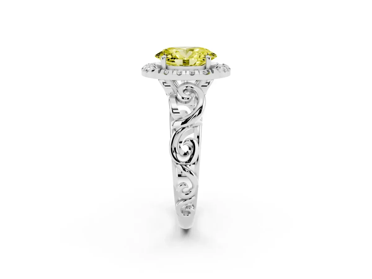 Fancy Yellow Oval Cut Cut Halo Diamond Ring with Scrollwork Band and Four-Prong Setting Silver
