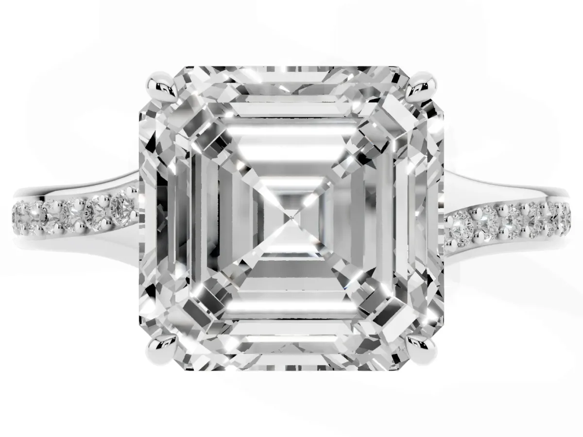 Asscher Cut Diamond Solitaire Ring with Pavé Band and Prong Setting Silver