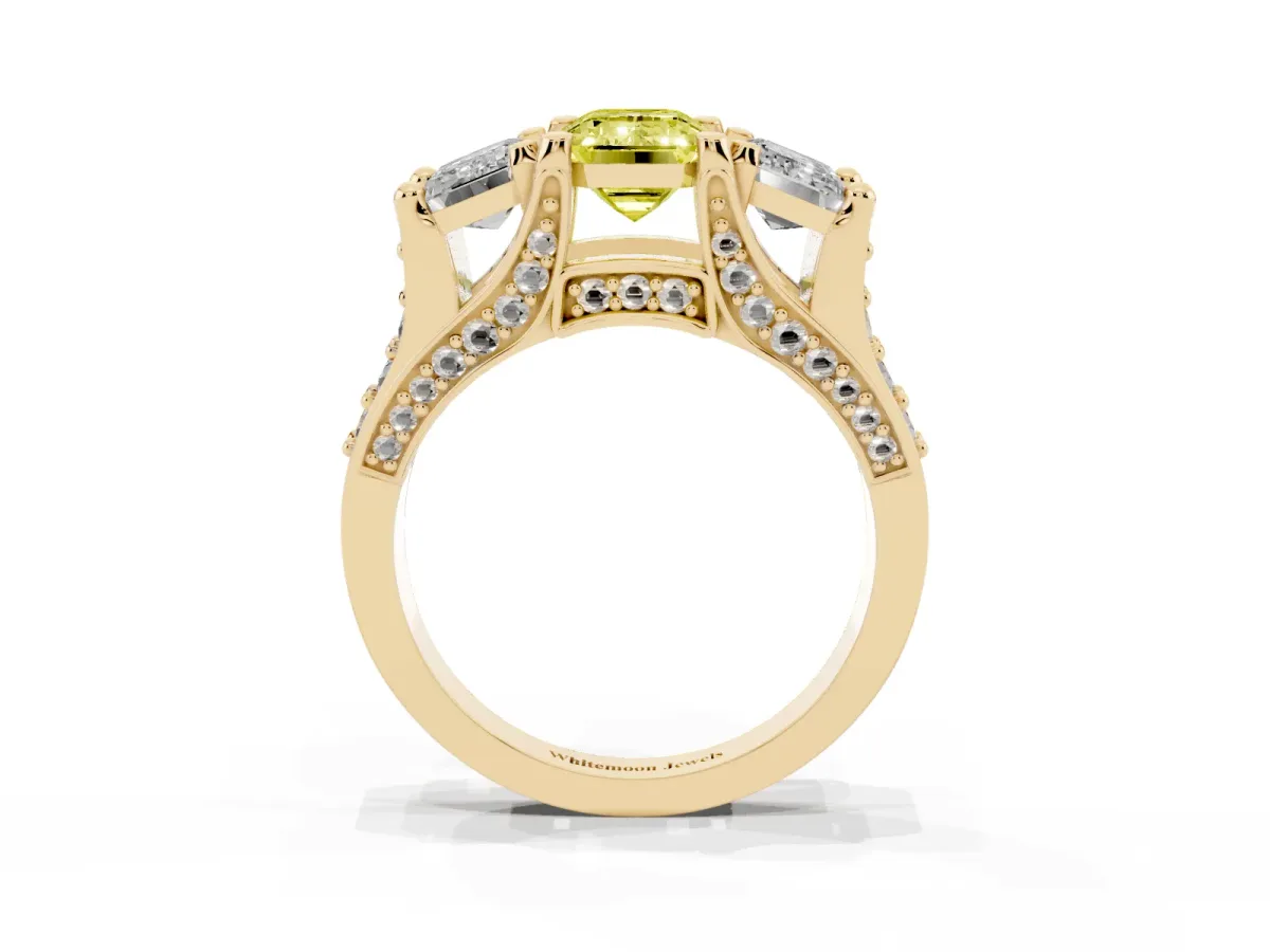 Fancy Yellow Emerald Cut Diamond Three-Stone Ring with Channel Set Band and Four-Prong Setting Yellow gold