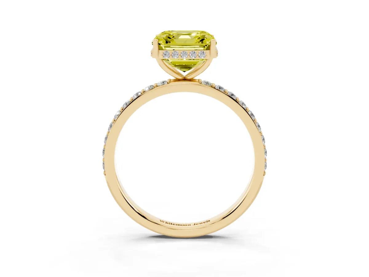 Fancy Yellow Asscher Cut Diamond Solitaire Ring with Pavé Band and Hidden Halo Yellow gold