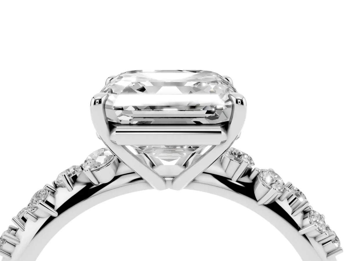 Asscher Cut Diamond Cluster Side Stone Solitaire Ring with Prong Setting Platinum