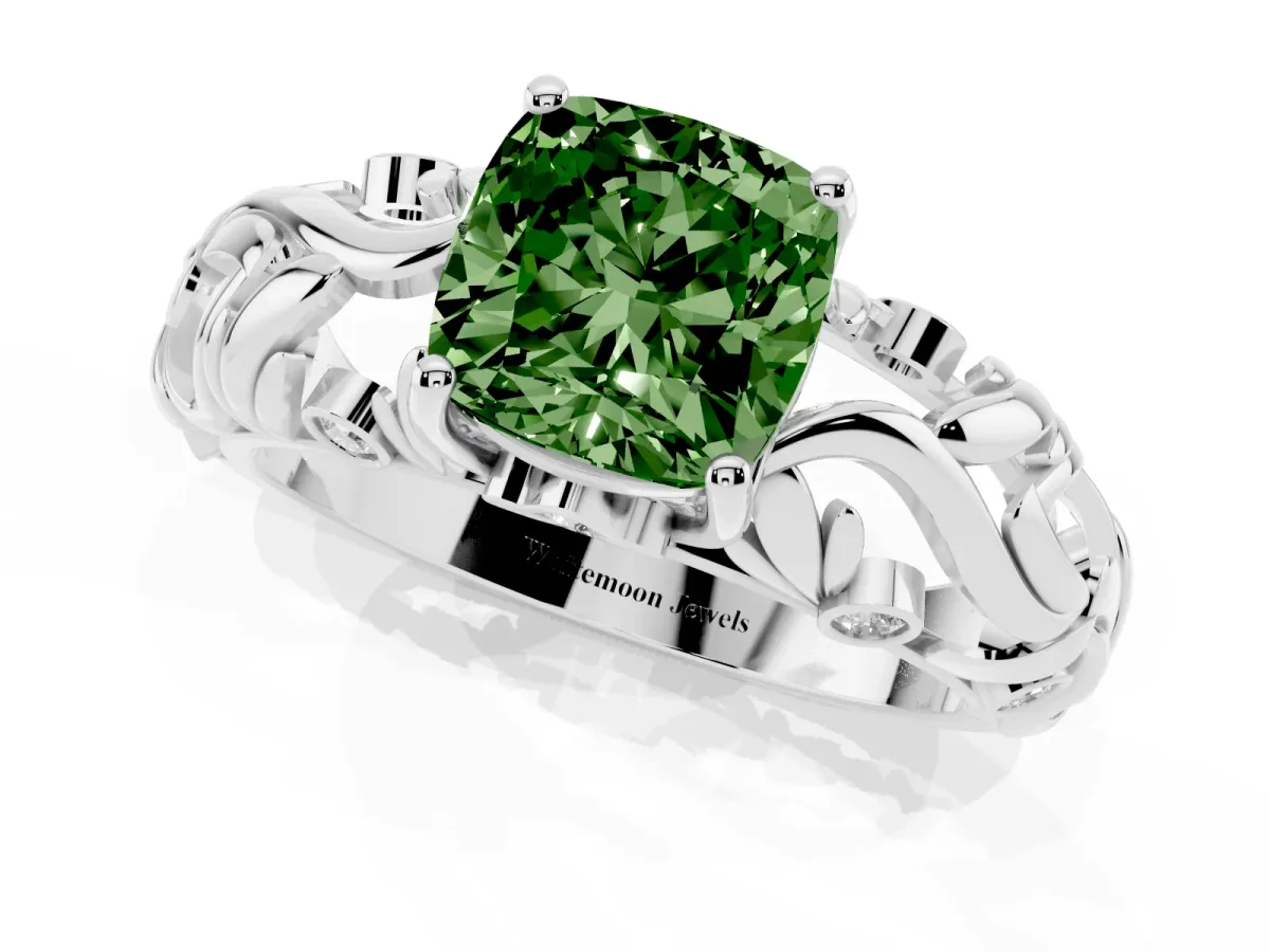 Fancy Green Cushion Cut Solitaire Diamond Leaf-Inspired Vine Band Ring with Prong Setting Platinum