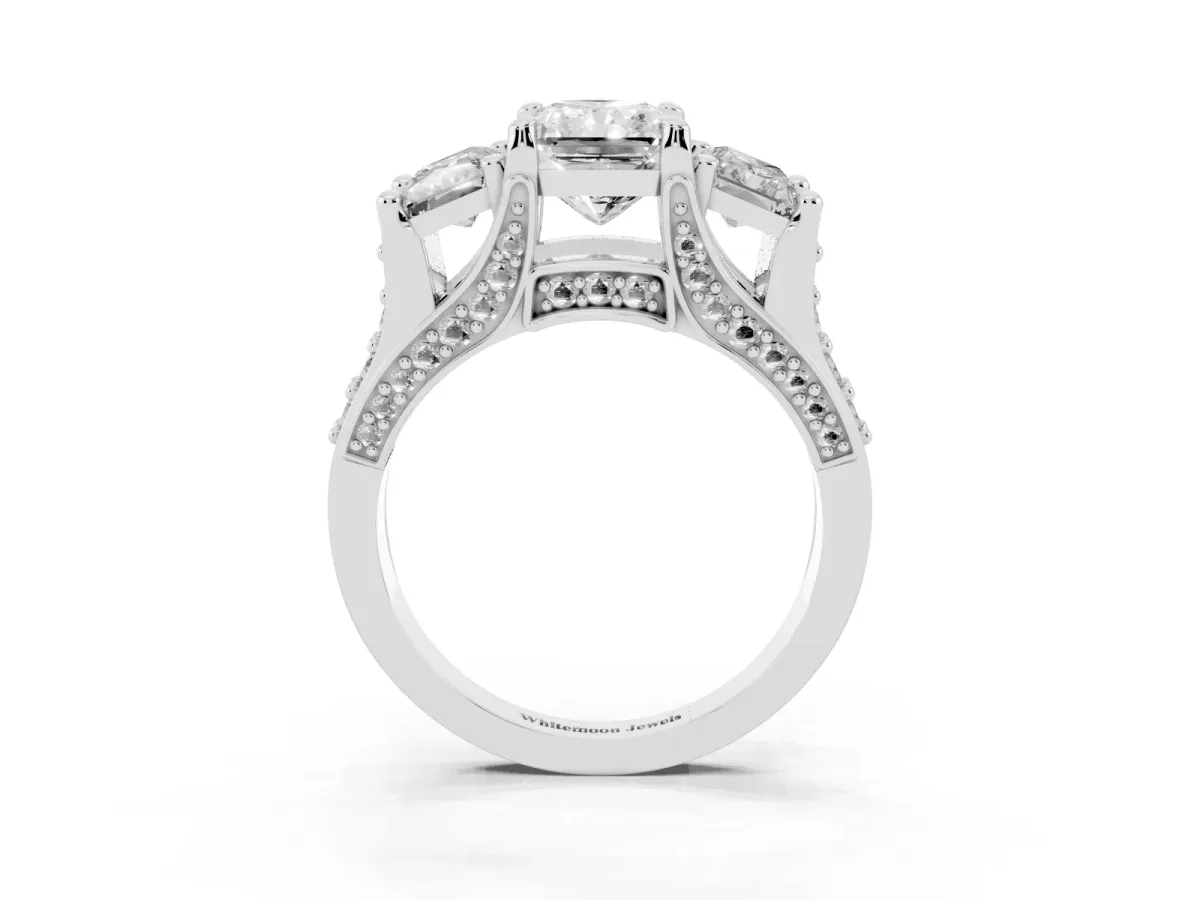 Radiant Cut Diamond Three-Stone Ring with Channel Set Band and Four-Prong Setting Silver