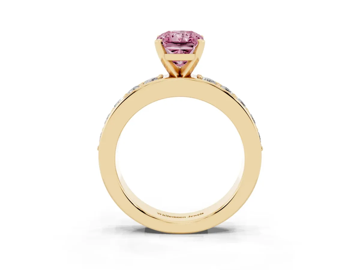 Fancy Pink Radiant Cut Diamond Engagement Ring with Channel Set Round Band and Prong Setting Yellow gold