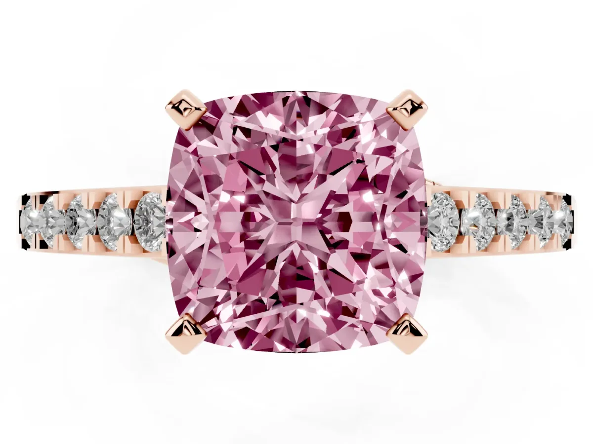Fancy Pink Cushion Cut Diamond Solitaire Ring with Crossover Gallery and Round Pavé Band Rose gold