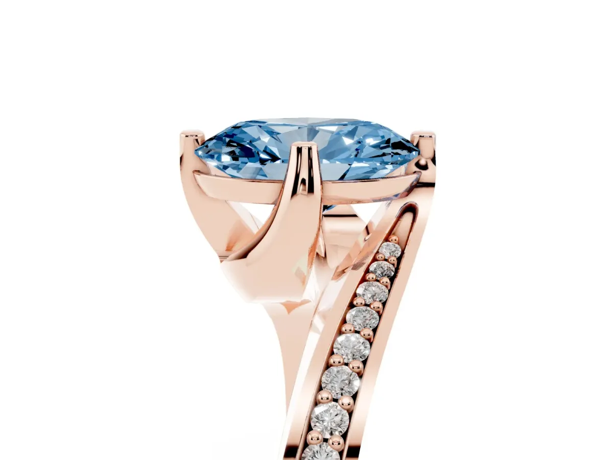 Fancy Blue Oval Cut Solitaire Diamond Twist Band with Pavé Setting and Four-Prong Setting Rose gold