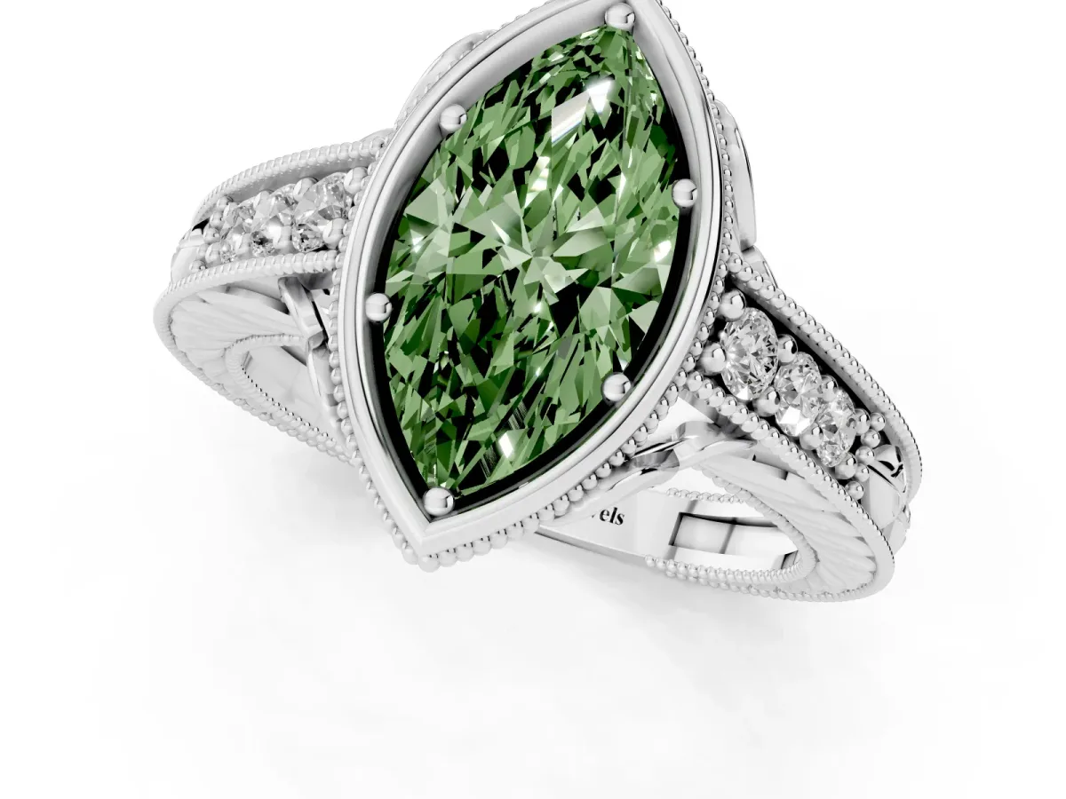Fancy Green Bezel Set Marquise Cut Diamond Milgrain Pave Engagement Ring Silver