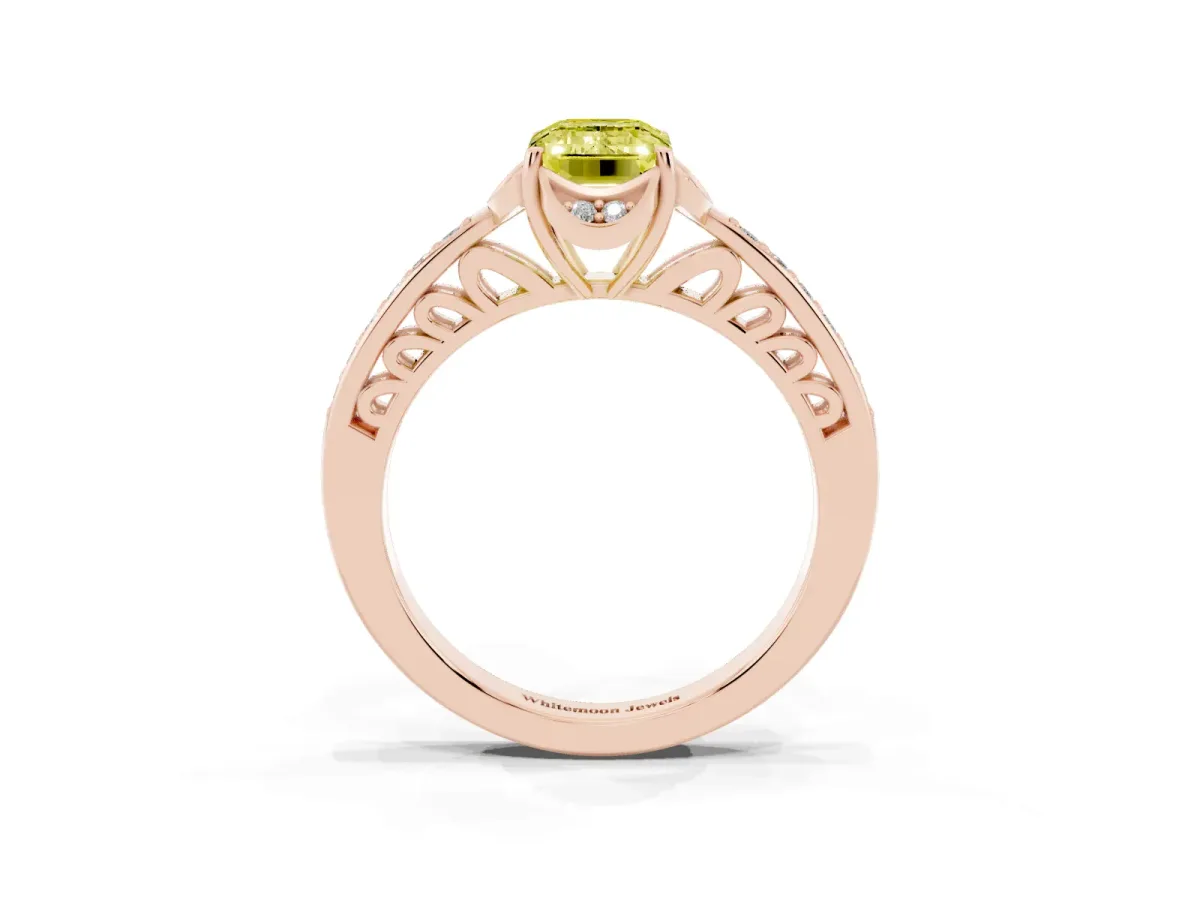 Fancy Yellow Emerald Cut Cut Halo Diamond Ring with Channel Set Band and Four-Prong Setting Rose gold